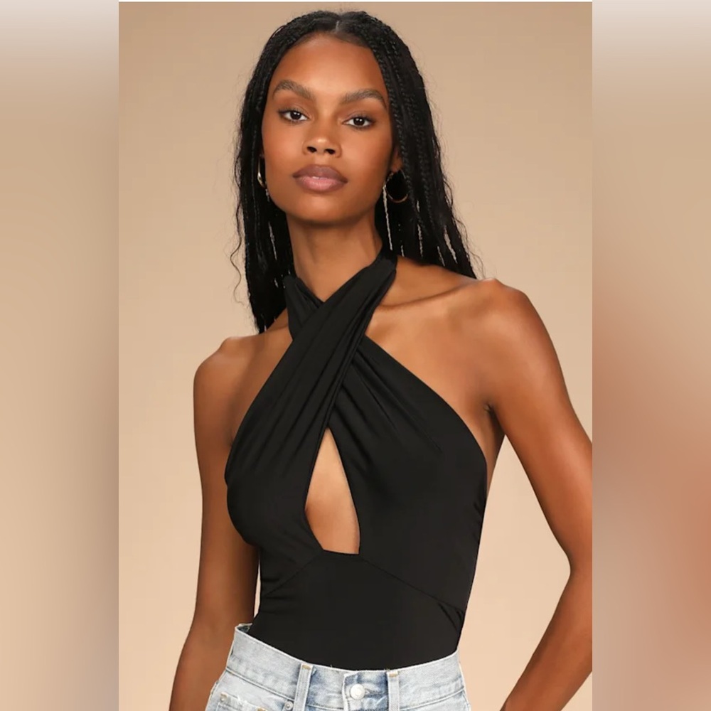 Lulu's Black Stretchy Halter Tie Top Long Sleeve Bodysuit